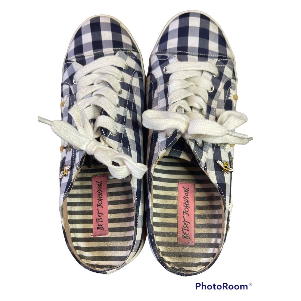Betsey Johnson Gingham Blue White Slip On Mules Embroider Honey Bee Size 8.5 - Picture 5 of 7